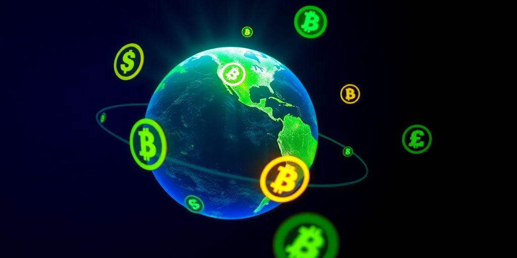 Globe with scattered digital currency symbols.