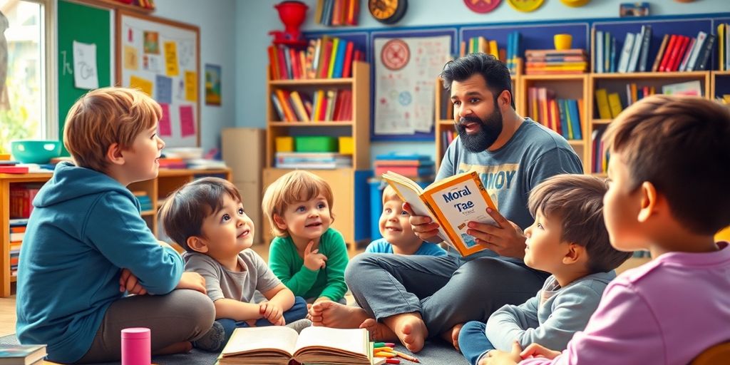 Children captivated by a storyteller in a bright classroom.