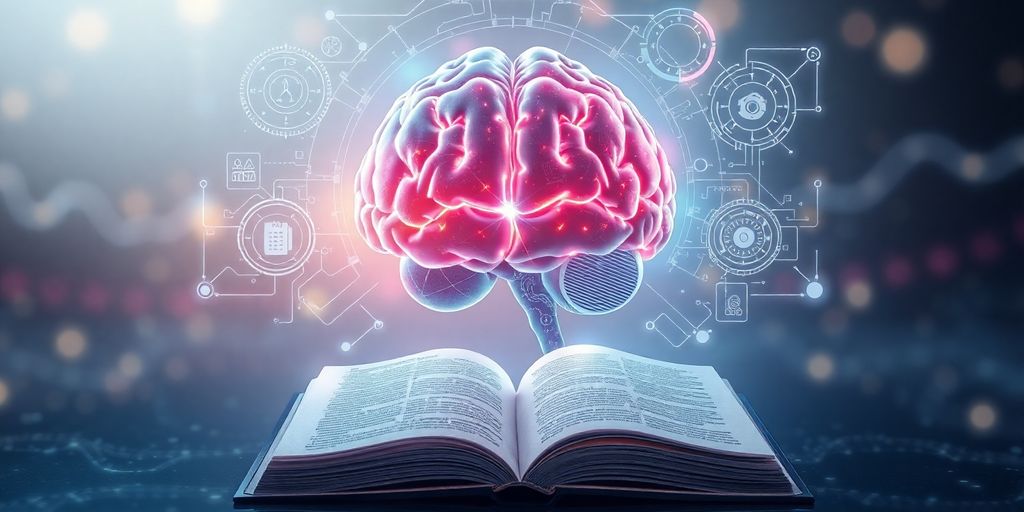 Glowing brain, digital tools, open book, futuristic background.