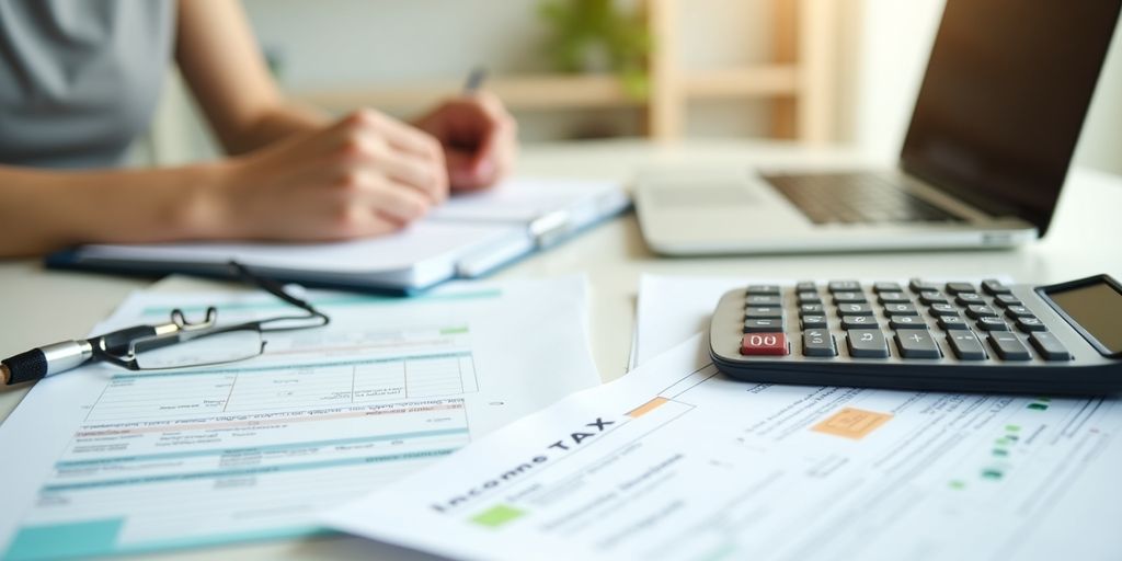 Espaço de trabalho com laptop e documentos fiscais.