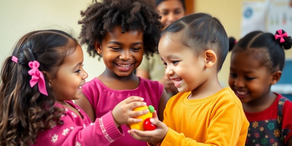Children sharing toys and smiling kindly.