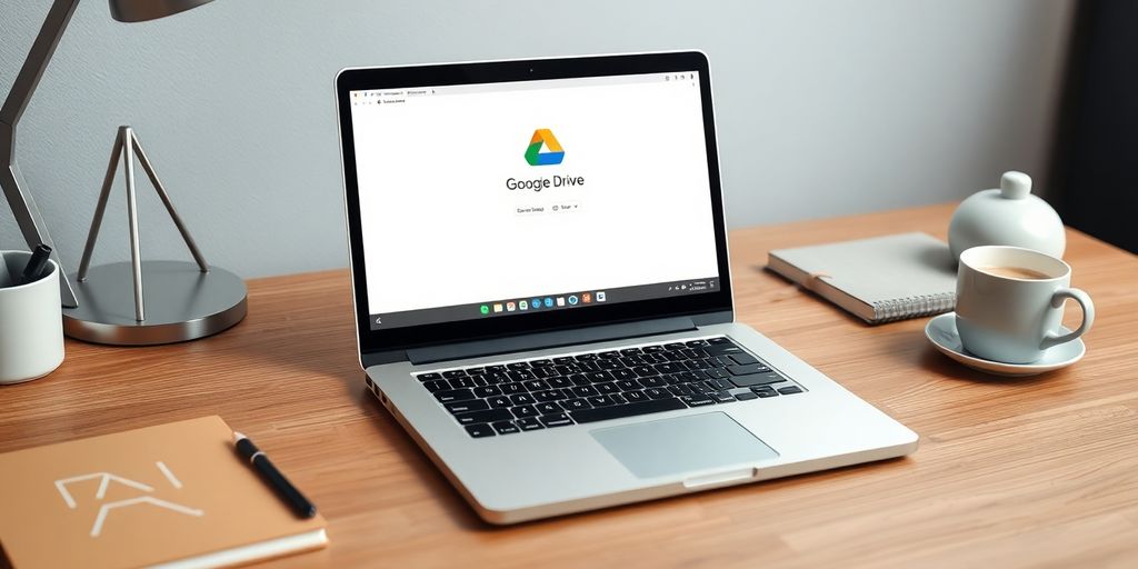 Modern workspace with laptop and Google Drive interface.