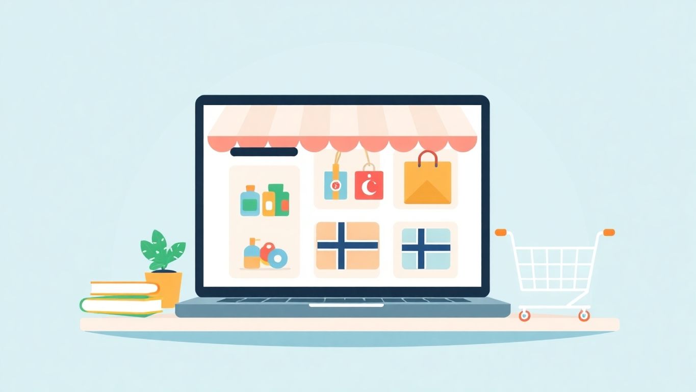 Illustrasjon av norsk nettbutikkoppsett med produkter.