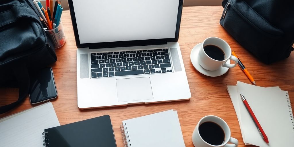 لاب توب أنيق على مكتب خشبي مع أدوات مدرسية.