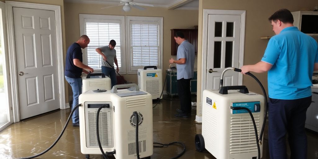 Water damage restoration team working in a flooded home.