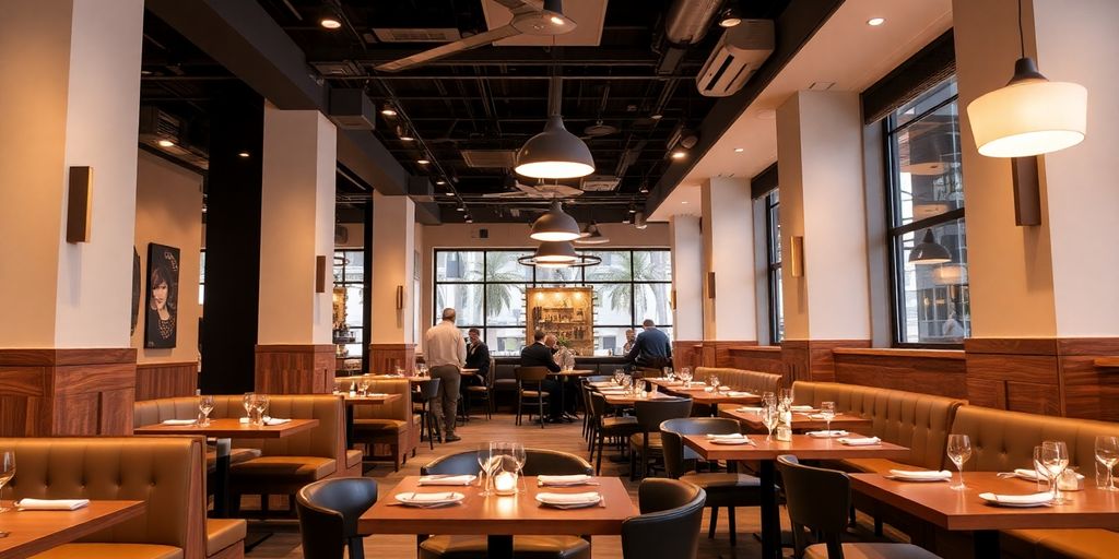 Restaurant moderne avec tables en bois et éclairage chaleureux.