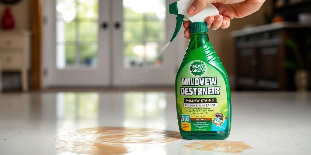 Person spraying mildew remover in a clean home setting.