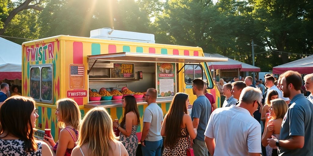 Colorful food truck serving twisters at an outdoor event.