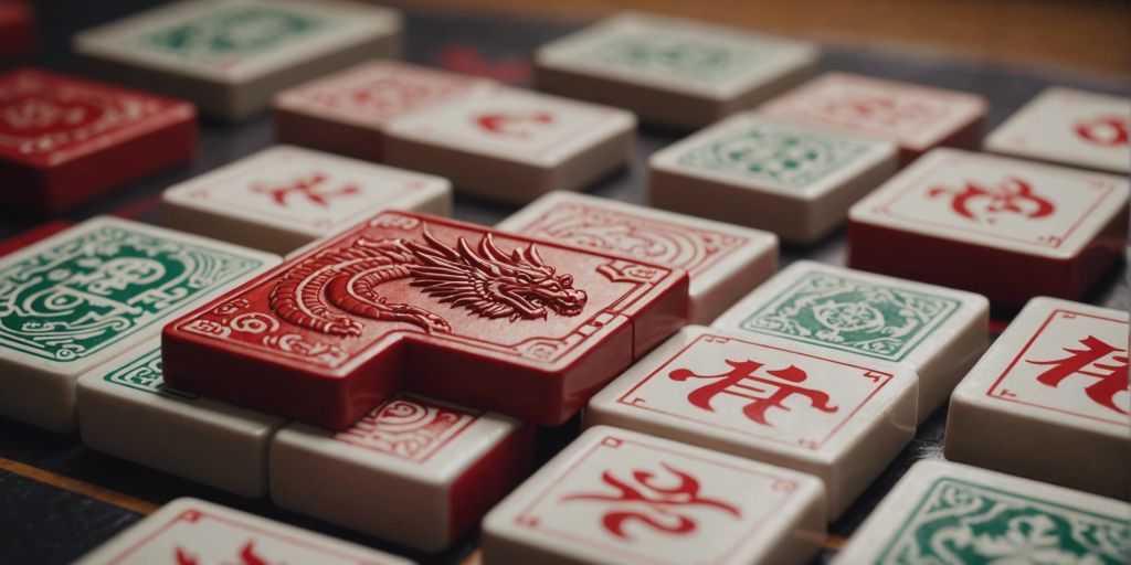 Close-up of a Red Dragon mahjong tile among other tiles, emphasizing its significance in the game.