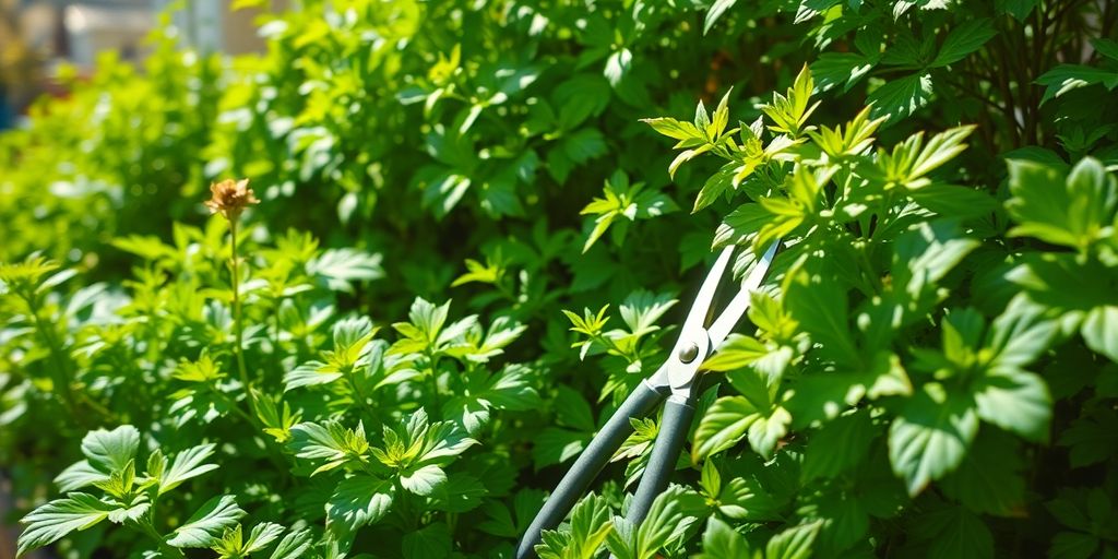 Healthy green herb garden with pruning shears.