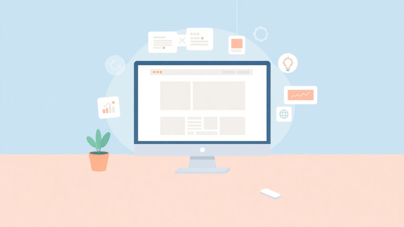 Illustrasjon av datamaskin med nettsidedesign elementer.