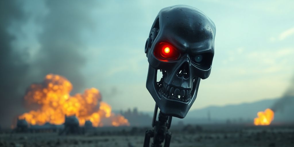 Terminator robot head with glowing red eye.