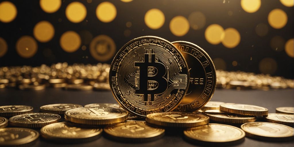 Golden coins and crypto symbols with 'Free Crypto' banner.