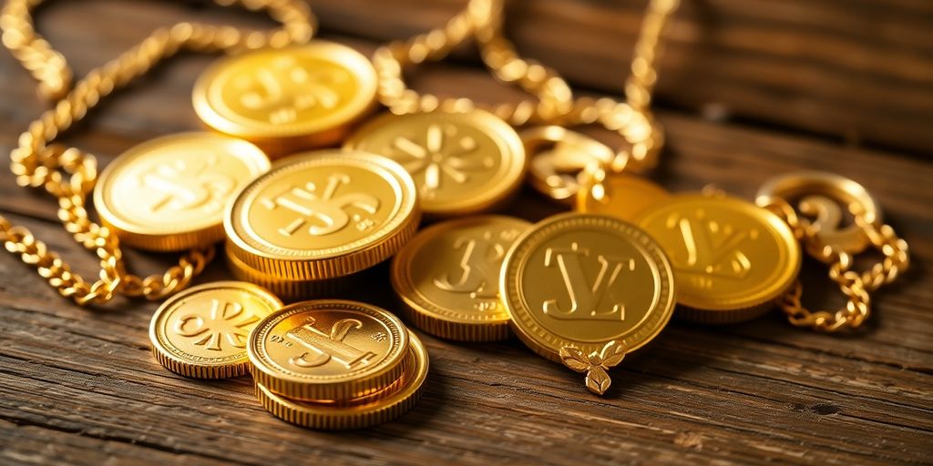 Des pièces d'or et des bijoux sur une table en bois.