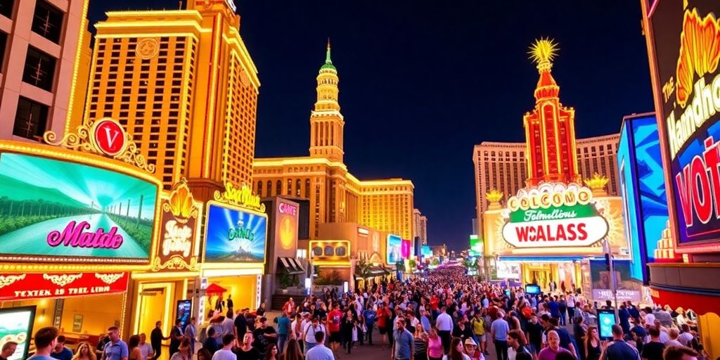 Vibrant Las Vegas scene with bright lights and crowds.