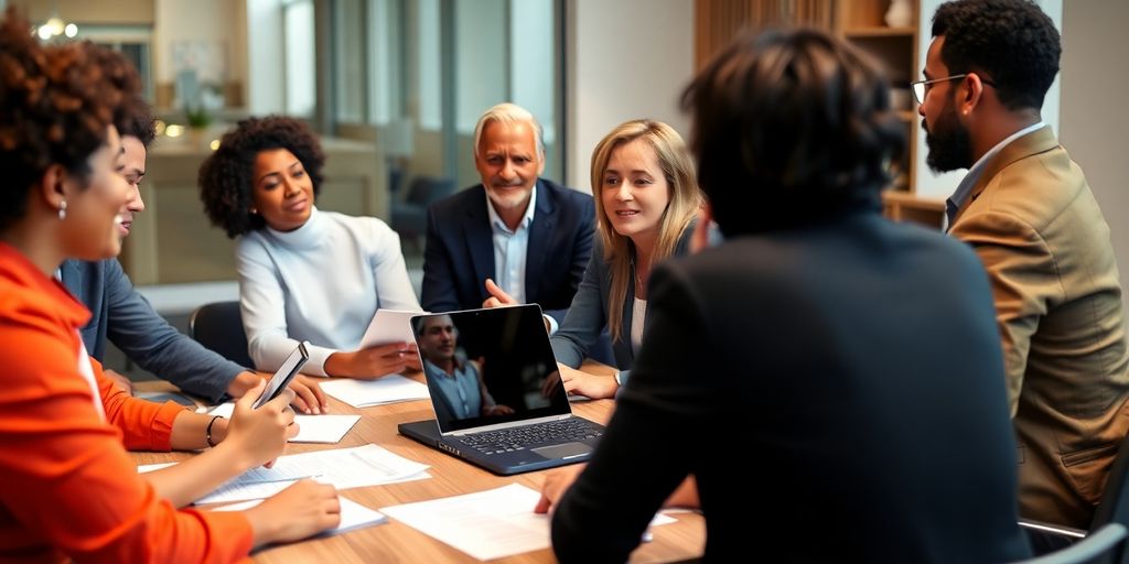 Grupo de empresários discutindo plano de saúde.