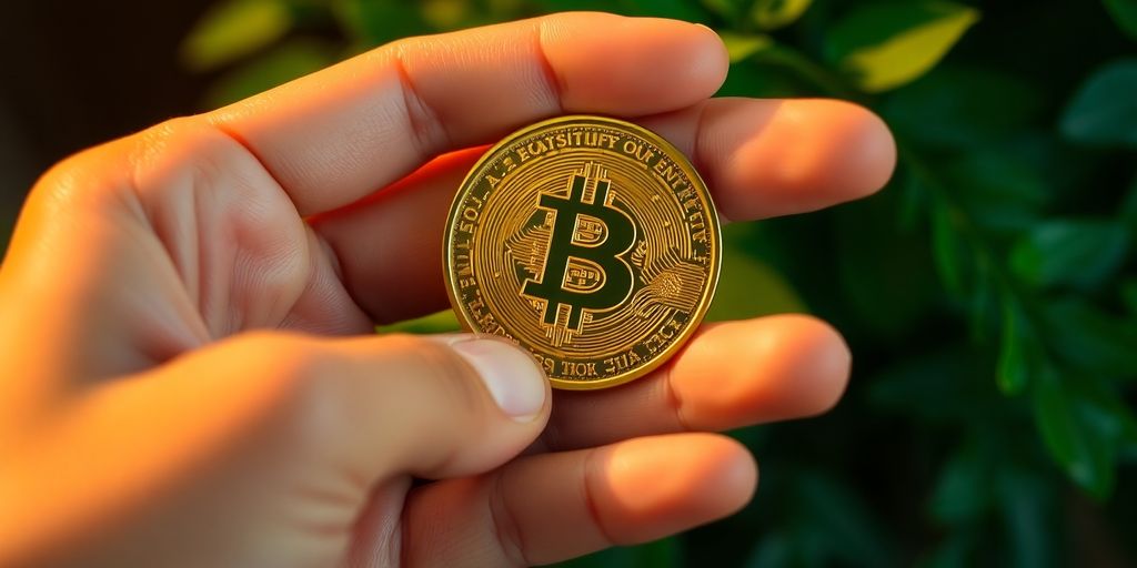 Hand holding a glowing golden coin with warm light.