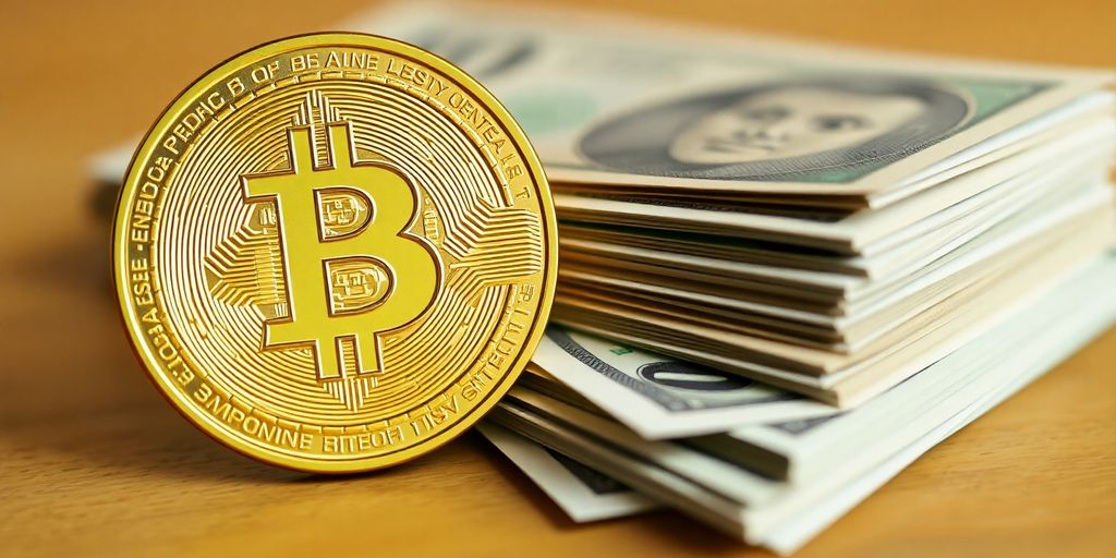 Understanding the Distinctions: How Is Cryptocurrency Different From Government Issued Currency? 4 Bitcoin and paper currency contrasted on a table.