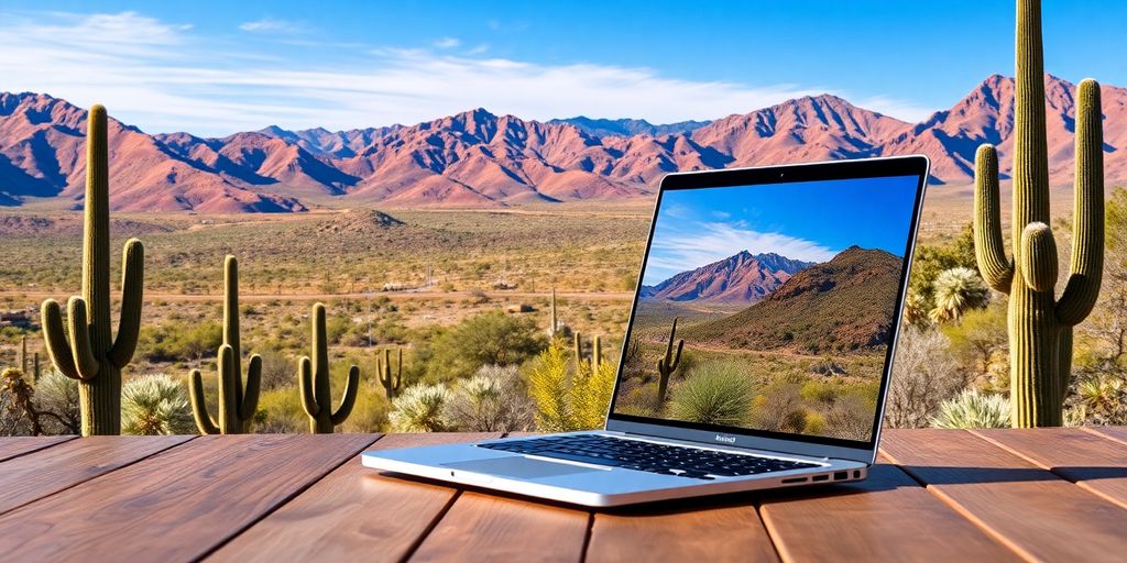 Tucson desert with cacti and a laptop on a table.