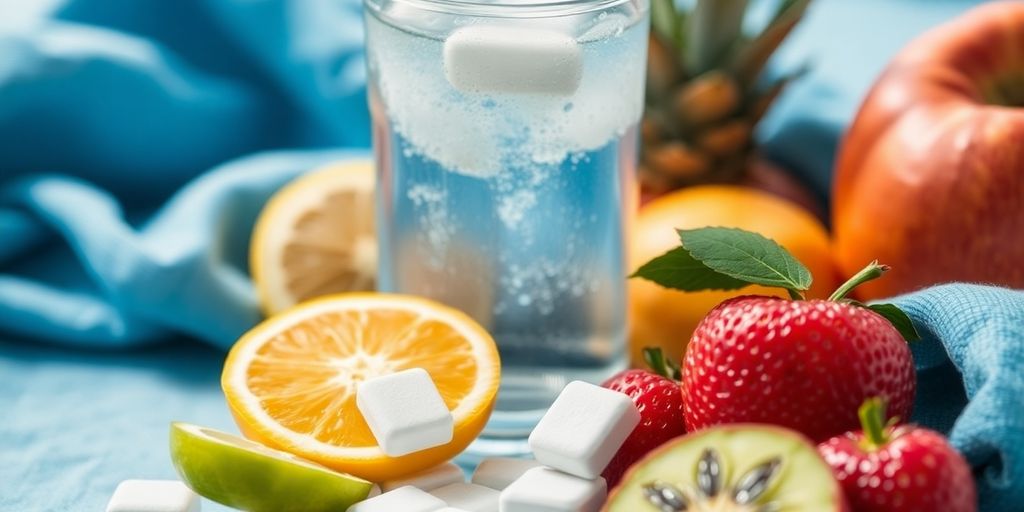 Electrolyte tablets with water and fruits on a table.