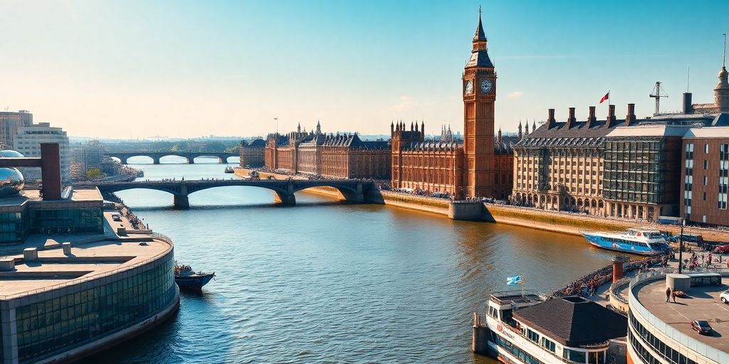 London skyline, Westminster Palace, Big Ben, Thames River.