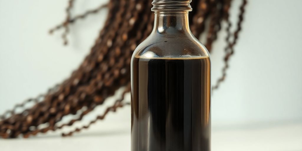 Bottle of black seed oil with lush, healthy natural hair.