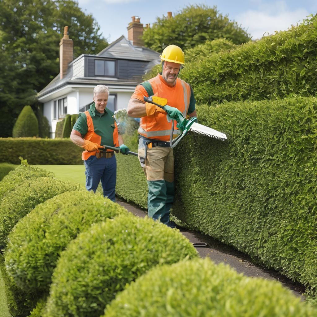 gardener trimming large hedge with safety equipment