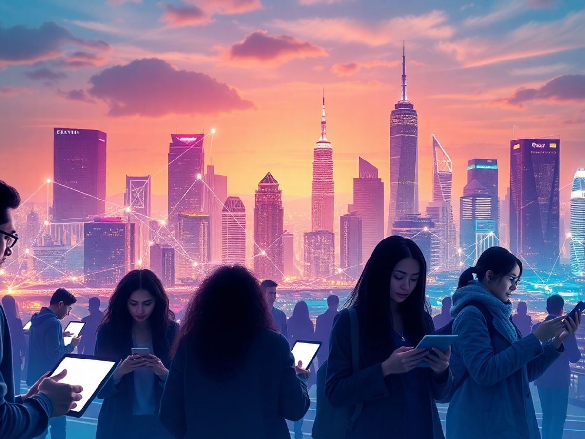 Futuristic cityscape with digital networks and diverse individuals.