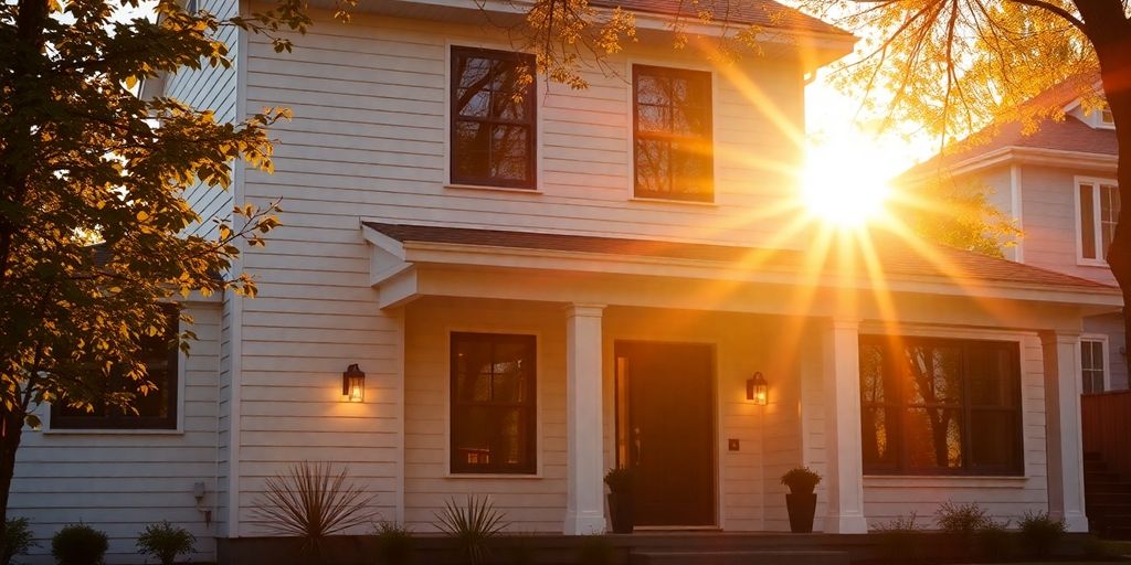 Casa moderna iluminada con luz solar dorada.
