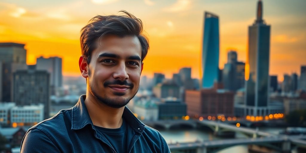 Co-founder, London skyline at sunset.