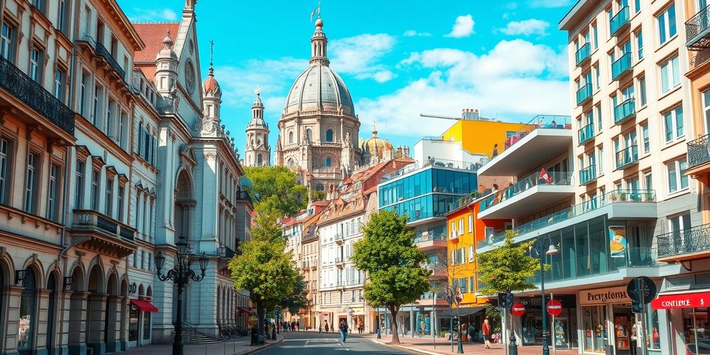 Colorful street view of Lyon's architectural landmarks.