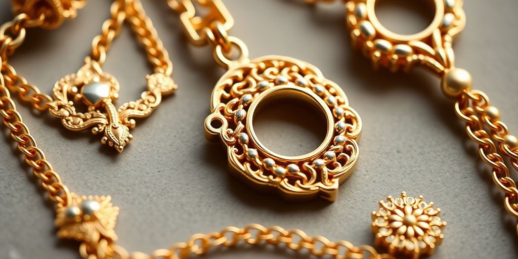 Bijoux en or étincelants sur fond neutre.