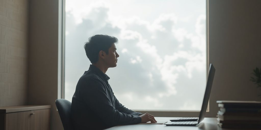Person working calmly despite a swirling cloudy background.