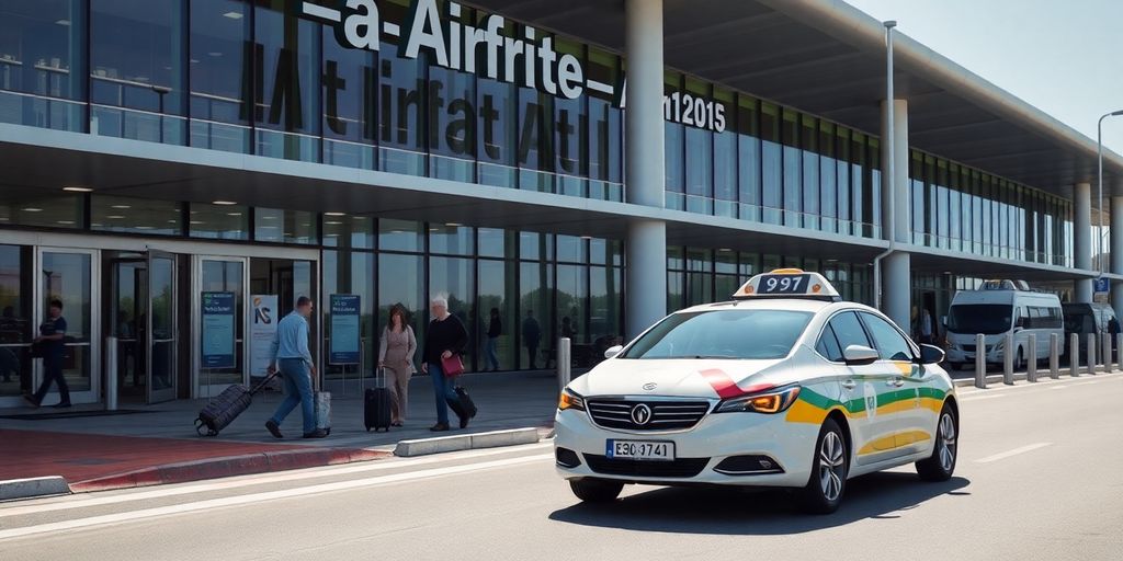 Taxi arriving at Guarulhos Airport terminal.
