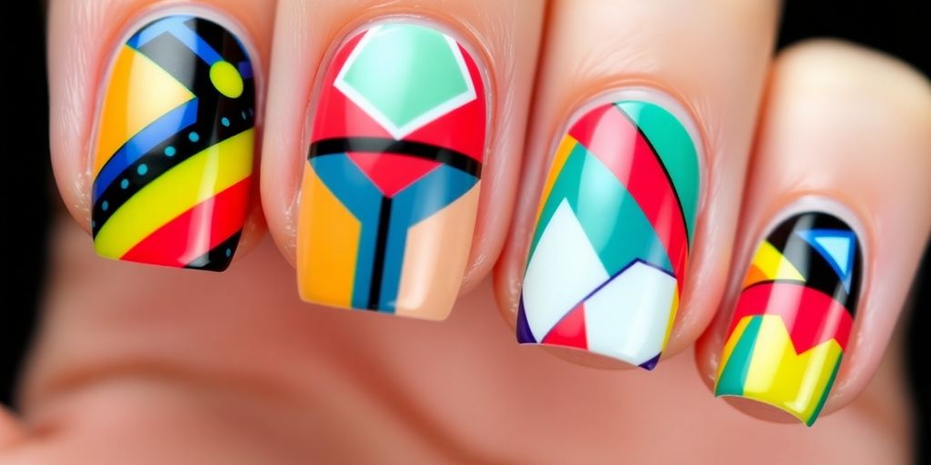 Unhas gráficas com padrões geométricos coloridos.