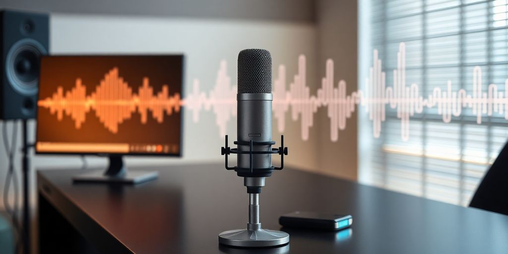 Podcast microphone with audio waves.