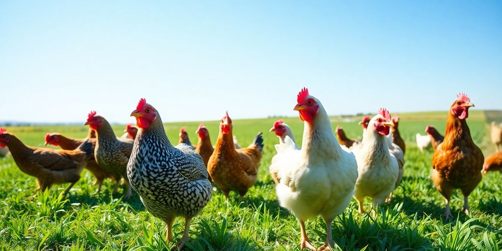 Chickens foraging on lush green pasture under blue sky.