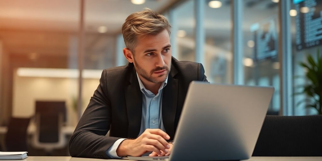 Trader analyzing stock market data on a laptop.