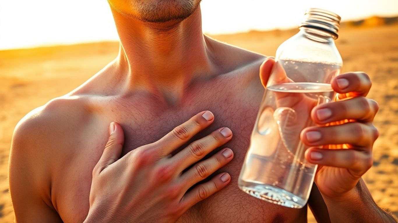 Dehydrated person clutching chest, sweaty, veins visible, sun, arid landscape.