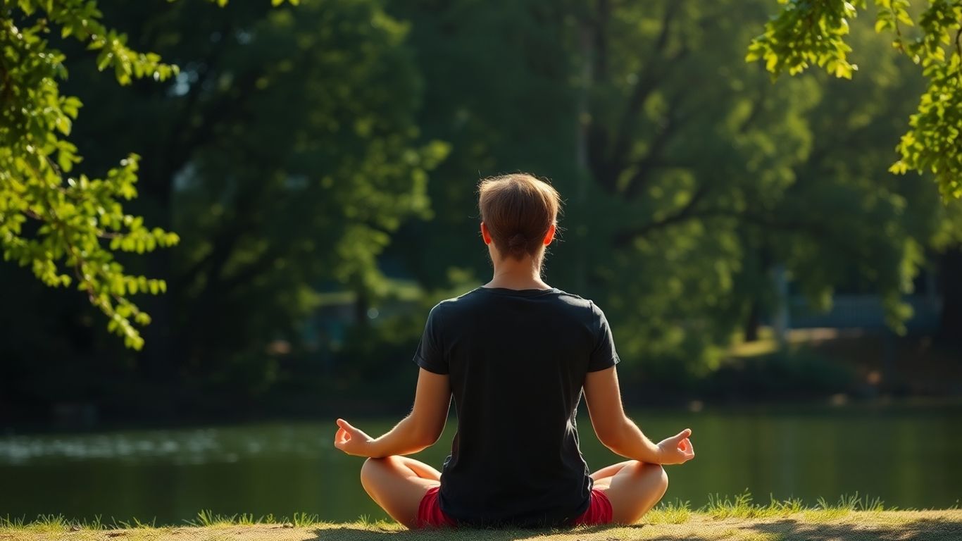 Person meditating peacefully in a serene natural setting.