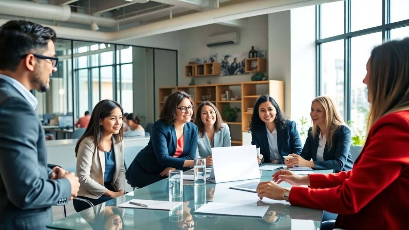 Tým lidí diskutuje v moderní kanceláři u kulatého stolu.