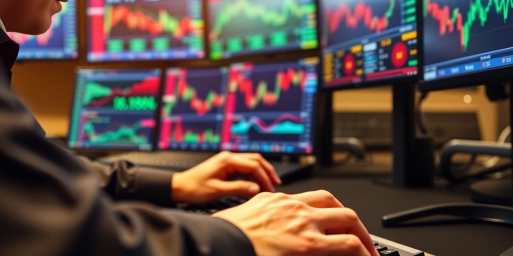 Trader's hands on keyboard with market data screens.