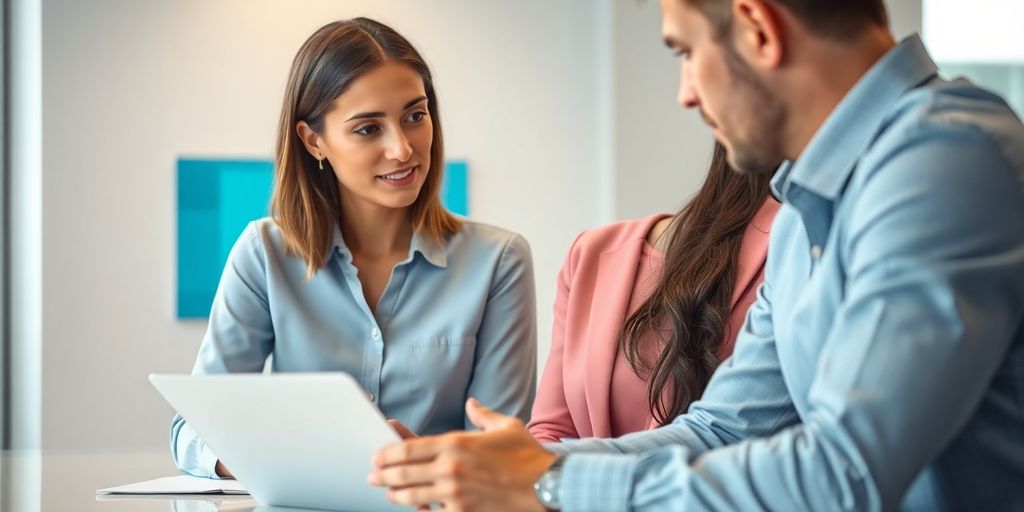 Zeitarbeit und Ausbildung: Welche Möglichkeiten bestehen für Azubis und Arbeitgeber? Zwei Personen im Gespräch, eine Person zeigt auf den Tisch.