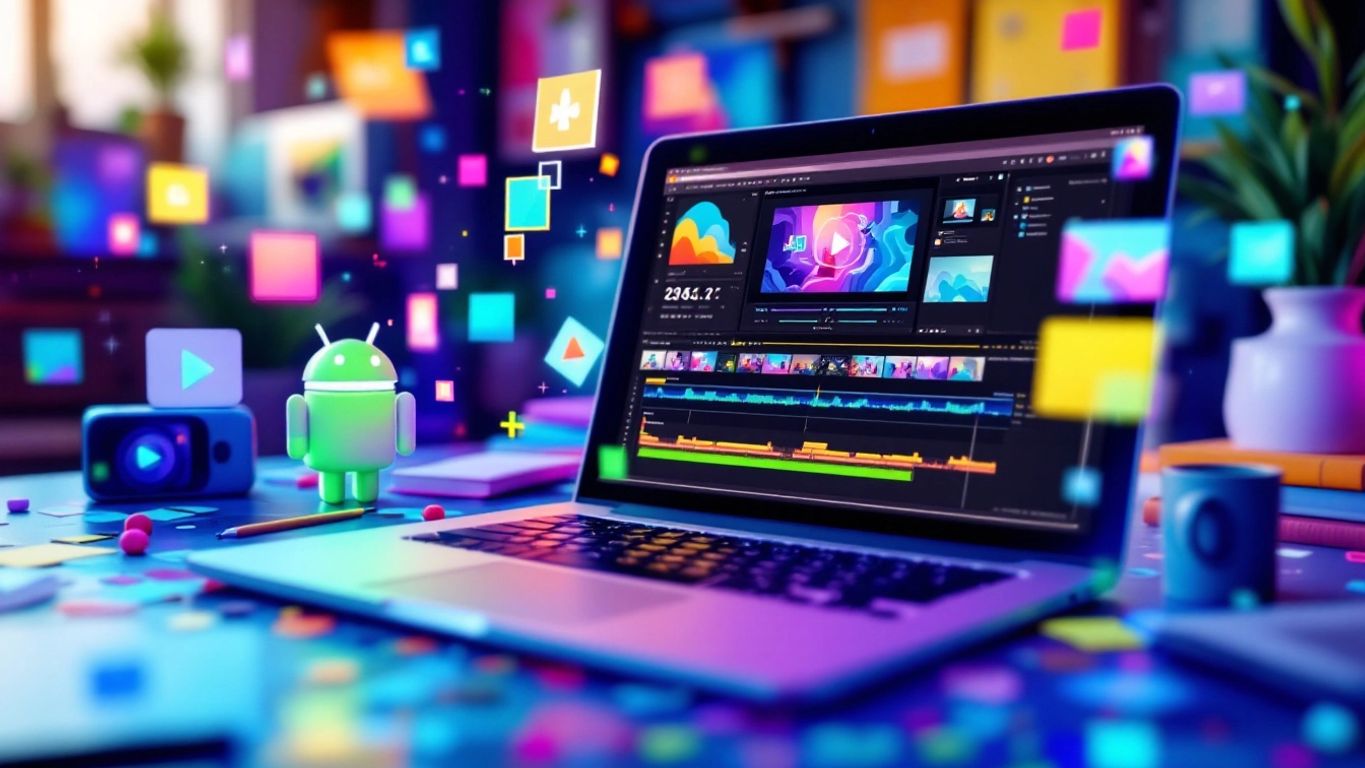 Laptop with video editing software and vibrant clips around.