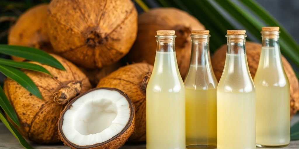 Fresh coconuts and virgin coconut oil bottles.