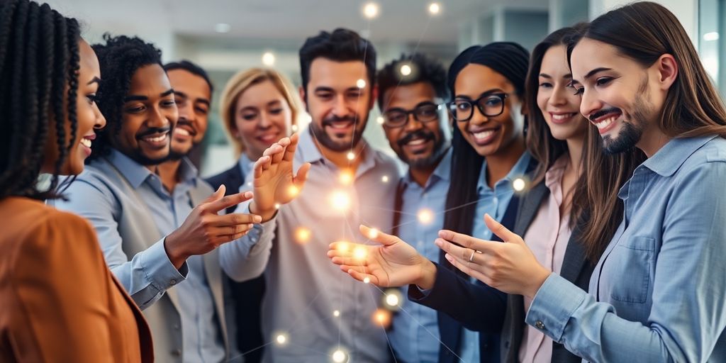 Diverse business people collaborating, digital network glowing, global connections.
