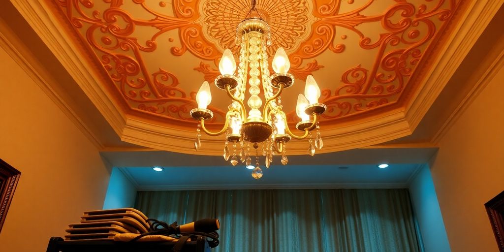 Chandelier installation scene with tools and safety gear.