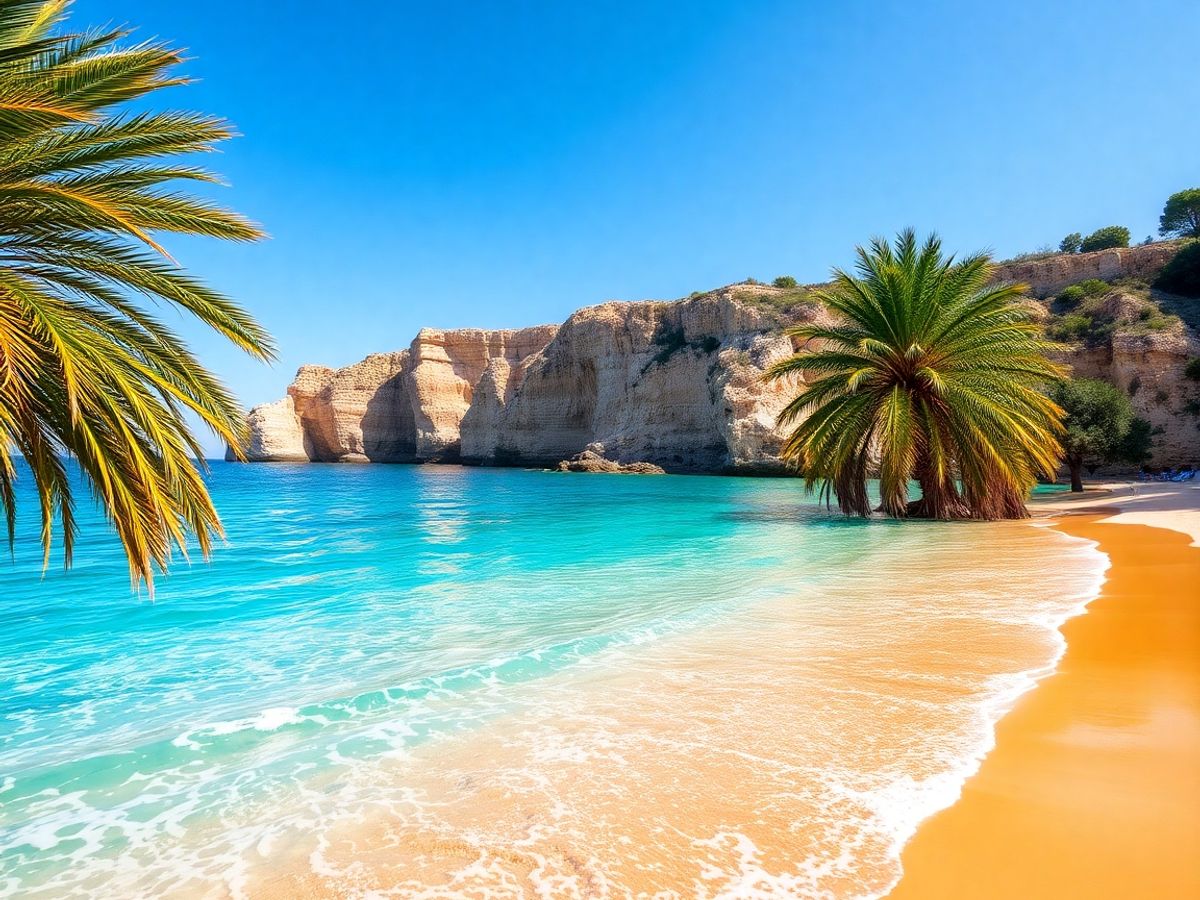 Sun-drenched beach with turquoise water and palm trees.