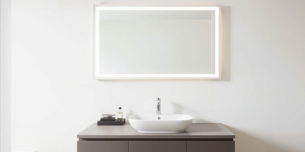 Elegant master bathroom mirror reflecting clean lines.