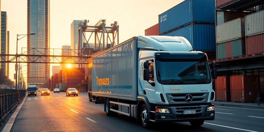 Logistics truck moving through a cityscape.